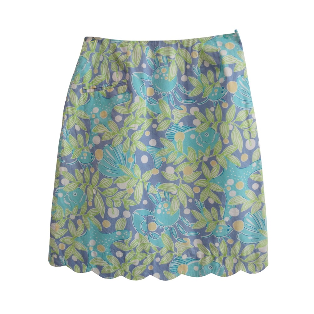 Lilly Pulitzer Sweet Blue Crabby Skirt Size 2 Blue Green Scalloped A-Line Cotton